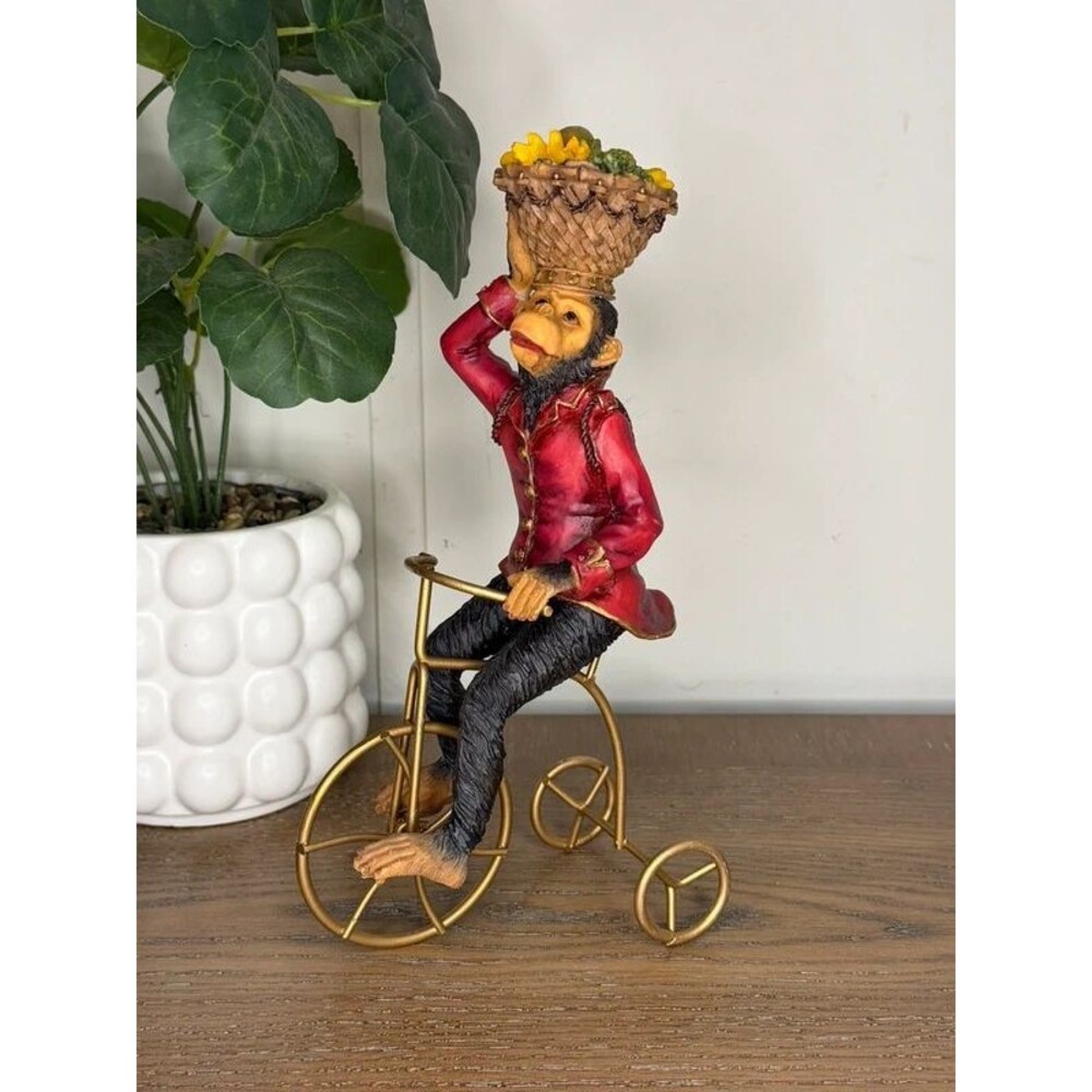 Bombay Monkey on a Bike Figurine Tricycle Fruit Basket Whimsical Decor Boxed